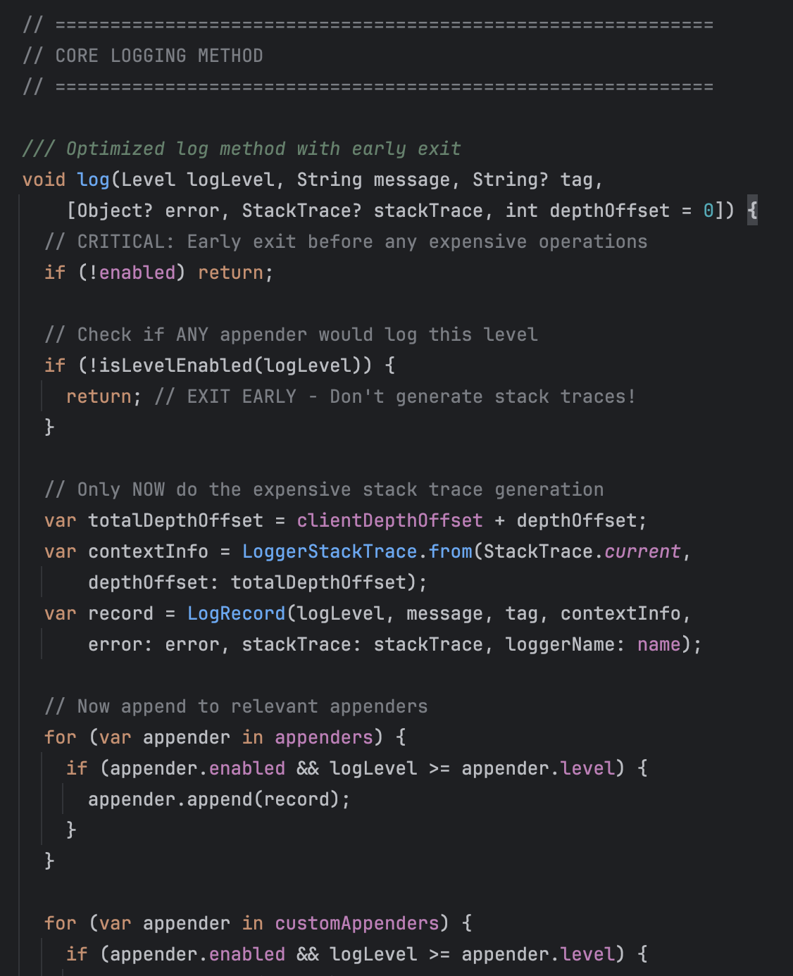 Any Logger: Lazy stack trace generation and appender dispatch